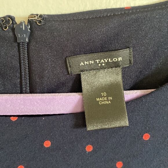 Ann Taylor Navy Polkadot Lined Dress with side ruching detail. - Size 10 - Picture 5 of 10